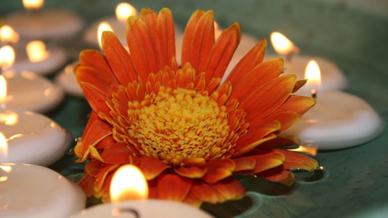Kerzen und eine Blume mit orangen Blättern schwimmt im Wasser