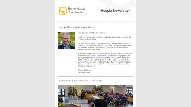 Screenshot des Hospiz Newsletters von April 2023