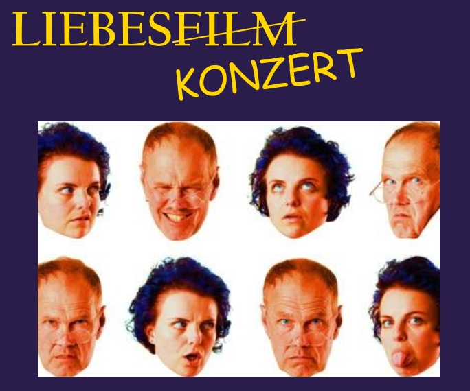 Ein Bild mit dem Titel "LIEBESFILM KONZERT" in gelben Großbuchstaben, wobei "LIEBESFILM" durchgestrichen ist. Darunter sind acht Porträtfotos von zwei Personen – einer Frau mit dunklen, lockigen Haaren und einem Mann mit Stirnglatze – die verschiedene Gesichtsausdrücke zeigen, auf einem dunkelvioletten Hintergrund angeordnet.
