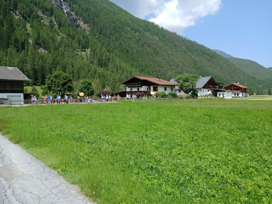 Blick auf Wiese und Häuser