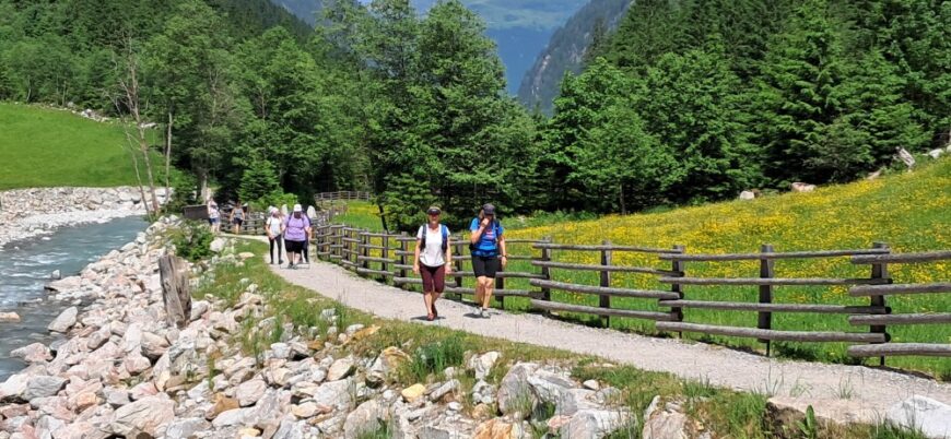 Wanderer auf Weg neben Bach und Bergwiese