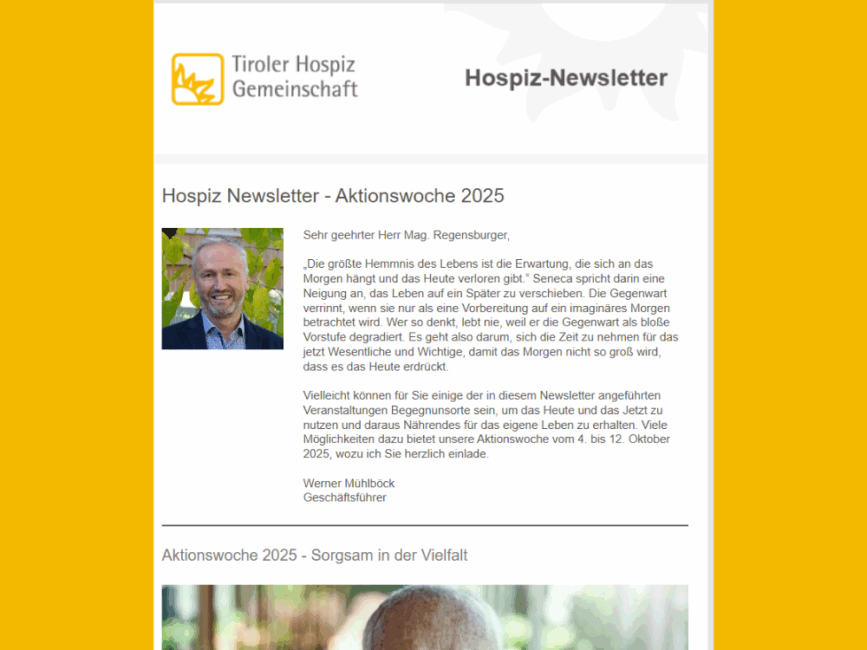 Screenshot des neuen Newsletters mit der Überschrift - Hospiz Newsletter - Aktionswoche 2025