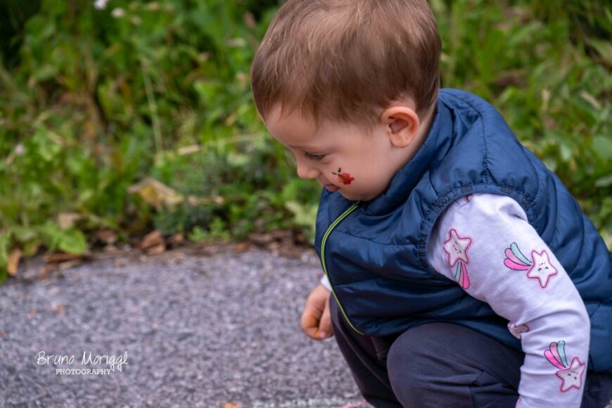 Ein kleiner Junge malt mit den Kreiden