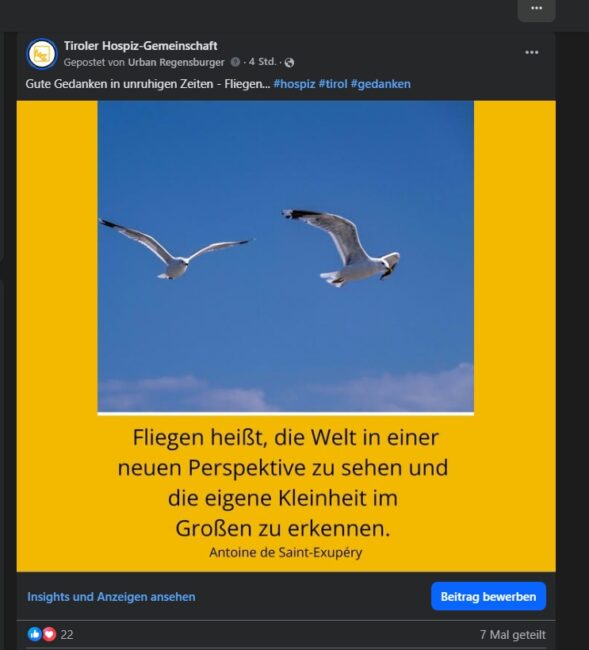 Screenshot Facebook - mit dem Gedankenbeitrag zum Thema Fliegen