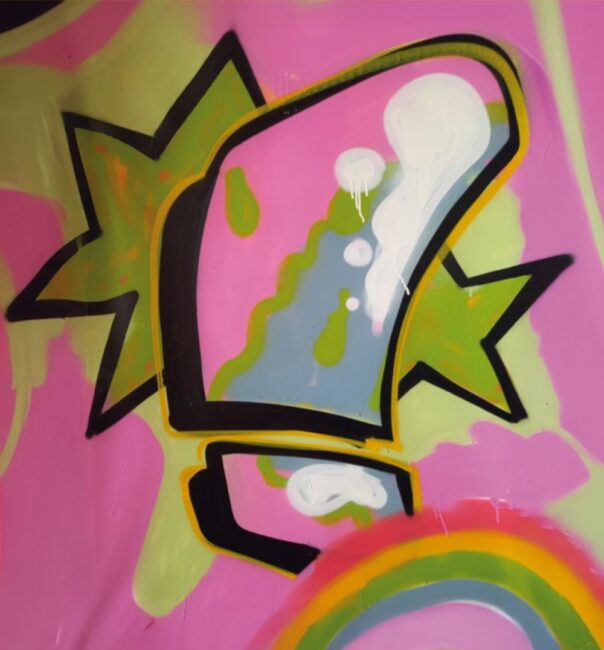 Ein gespraytes Bild in Rosa mit Sternen und Regenbogen