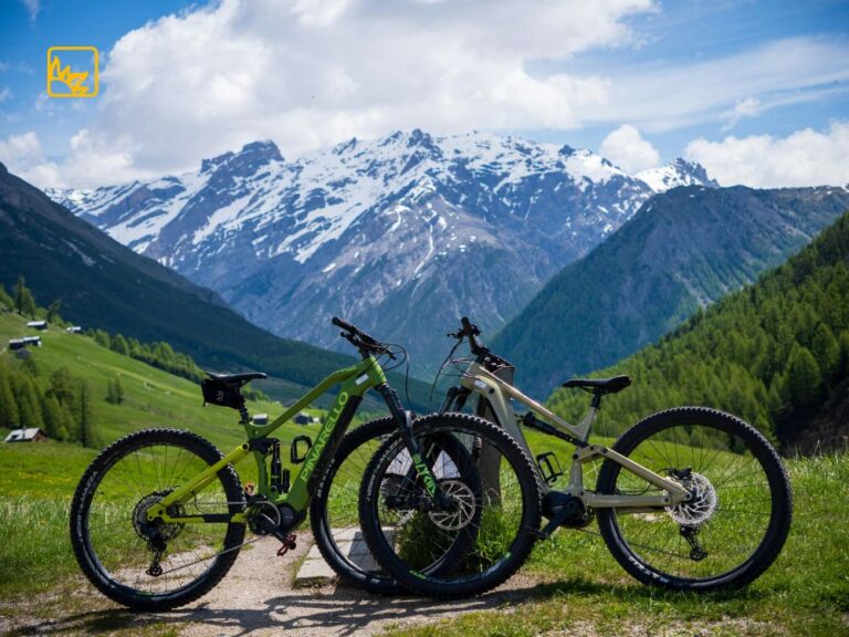 Zwei Fahrräder die auf einem Weg in den Alpen stehen