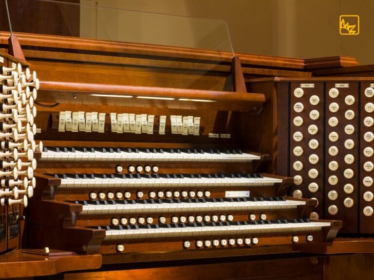 Ein Beitragsbild für ein Orgel-Thema mit einem dunklen, leicht strukturierten Hintergrund. Im Zentrum steht ein detailreicher, goldener Orgelprospekt mit verzierten Pfeifen und Schnitzereien. Die Beleuchtung ist warm und betont die edle Optik des Instruments. Um den Orgelprospekt herum sind feine, goldene Lichtreflexe und Partikel verteilt, die eine festliche und majestätische Stimmung erzeugen. Das Design wirkt hochwertig und einladend.